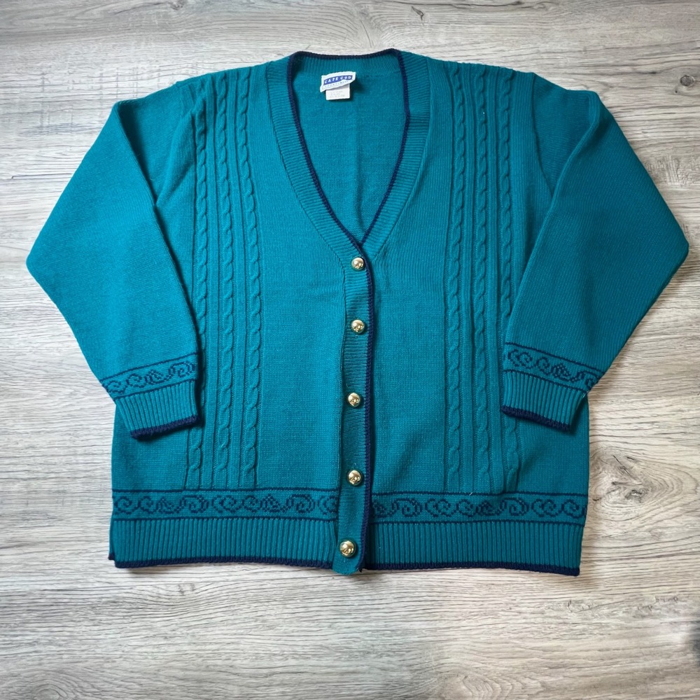 Cape Cod Sportswear Cardigan Womens XL Teal Cable Knit Gold Button Vintage N16